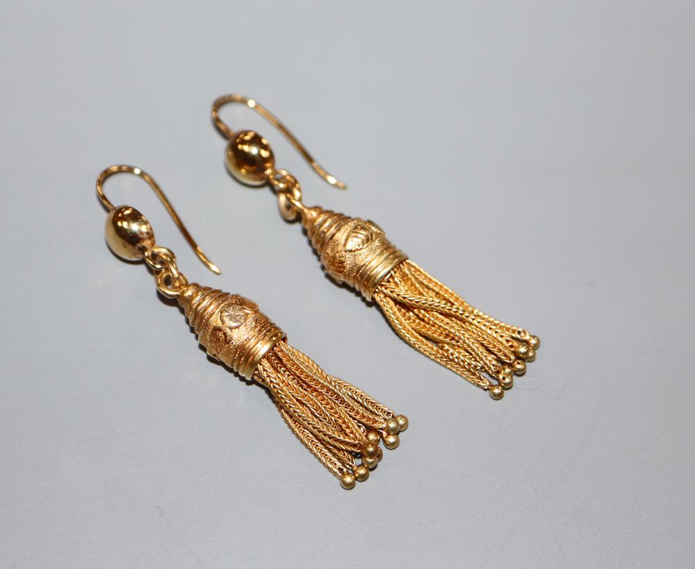 A pair of Victorian style yellow metal (tests as 15ct) tassel drop earrings, 42mm